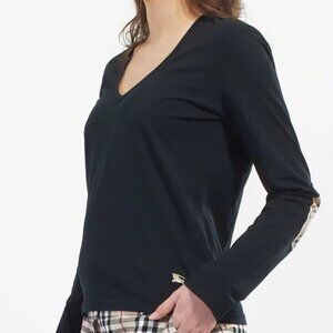 BURBERRY Black Cotton V-Neck Patch Elbow Long Sleeve Top - Size S